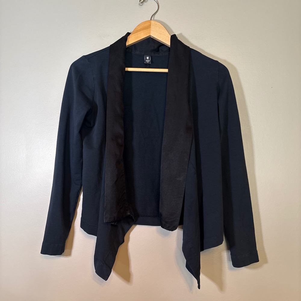 European Culture Royal Dye Navy Black Open Front Draped Blazer Jacket Womens XS‎